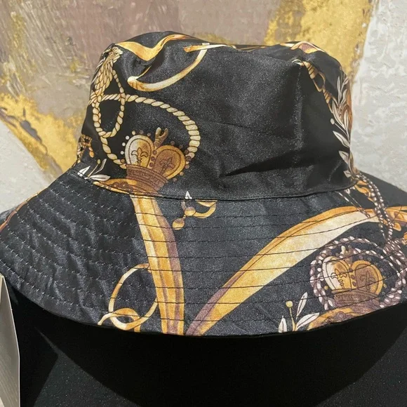 Reversible Satin Black and Gold Chain Print Bucket Hat - Picture 6 of 10